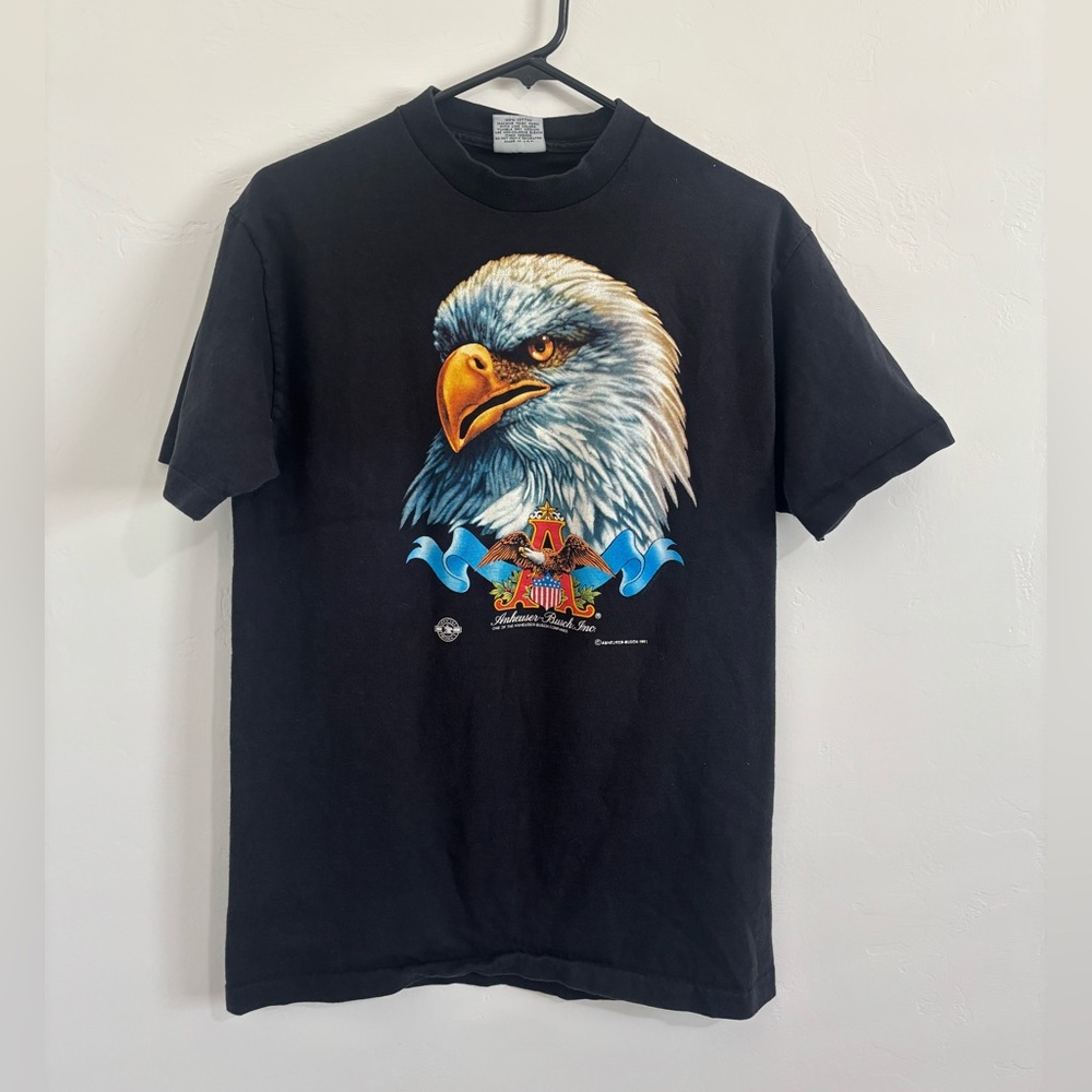 Vintage 1991 Anheuser Busch Eagle Graphic T-Shirt Black Biker Style Tee Small